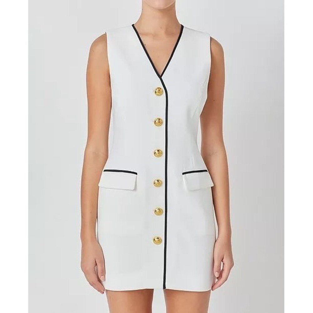Endless Rose White Sleeveless V Neck Button Front Sheath Dress Black‎ Trim Sz M